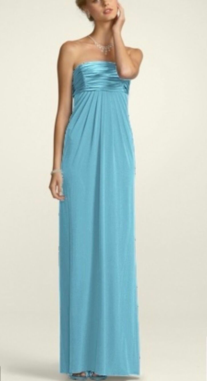 David’s Bridal 8 NWT Strapless Jersey A-line Ruched Charmeuse Bust dress blue
